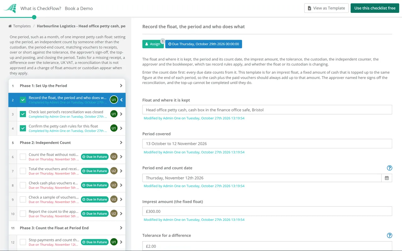 Live demo of the Petty Cash Reconciliation Checklist in CheckFlow
