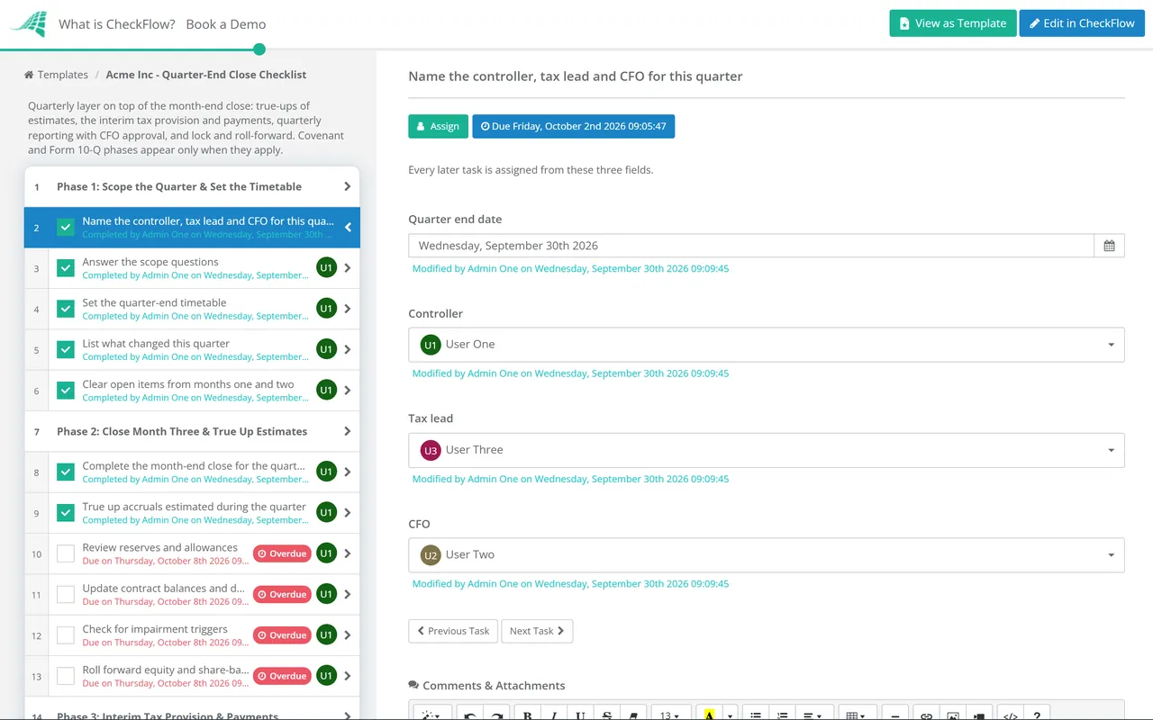 Live demo of the Quarter-End Close Checklist in CheckFlow