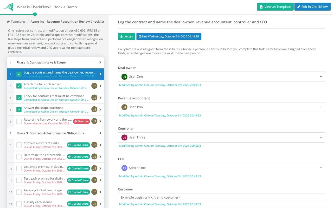 Live demo of the Revenue Recognition Review Checklist Template (ASC 606 & IFRS 15) in CheckFlow