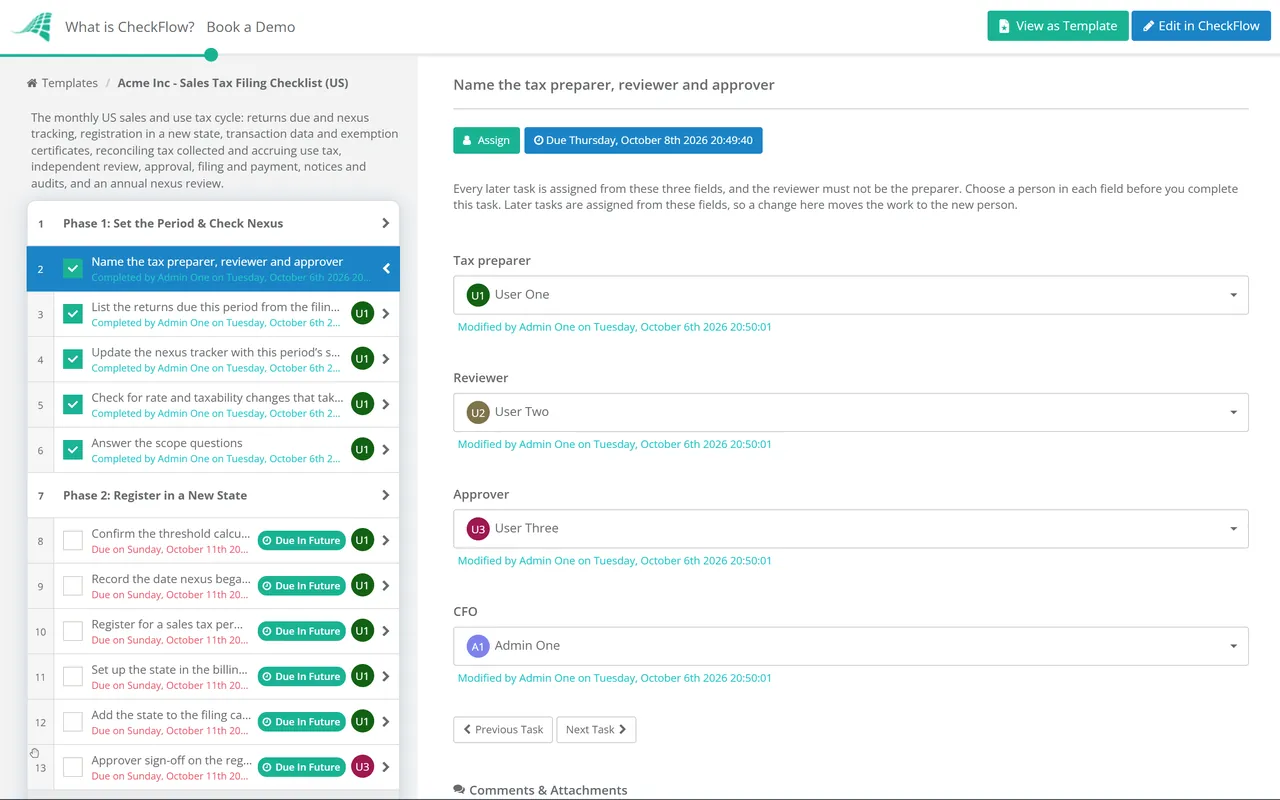 Live demo of the Sales Tax Filing Checklist Template (US) in CheckFlow