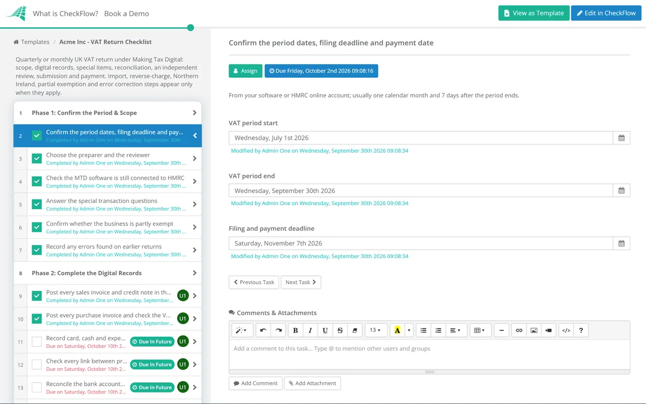 Live demo of the VAT Return Checklist Template (Making Tax Digital) in CheckFlow