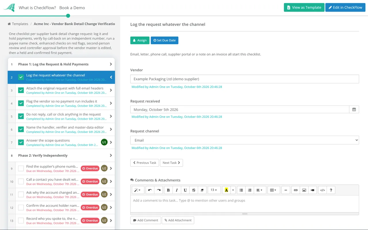 Live demo of the Vendor Bank Detail Change Verification Checklist in CheckFlow