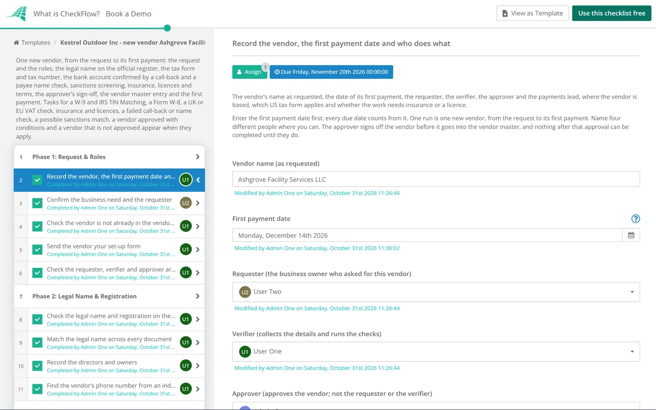 Live demo of the Vendor Verification Checklist in CheckFlow