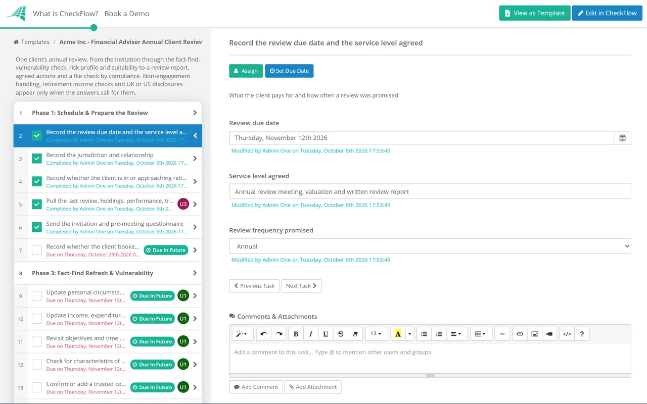 Live demo of the Financial Adviser Annual Client Review Checklist in CheckFlow