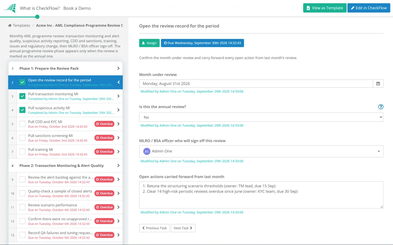 Live demo of the AML Compliance Programme Review Checklist in CheckFlow