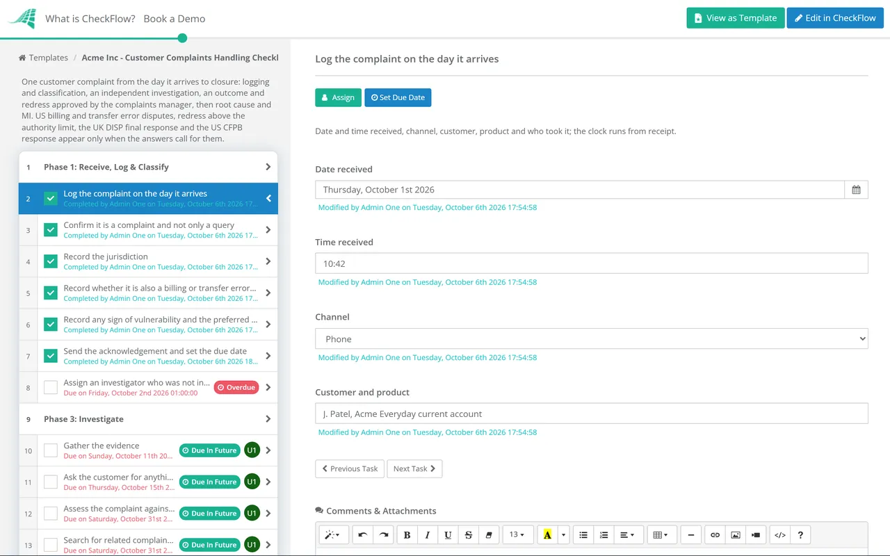 Live demo of the Customer Complaints Handling Checklist in CheckFlow