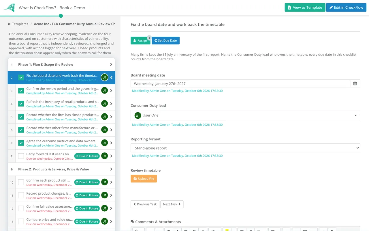 Live demo of the FCA Consumer Duty Annual Review Checklist in CheckFlow