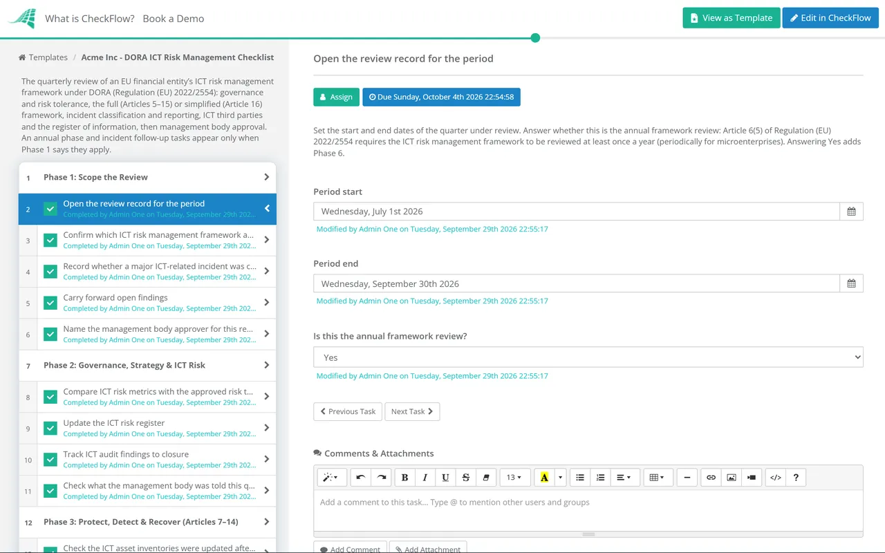 Live demo of the DORA ICT Risk Management Checklist in CheckFlow