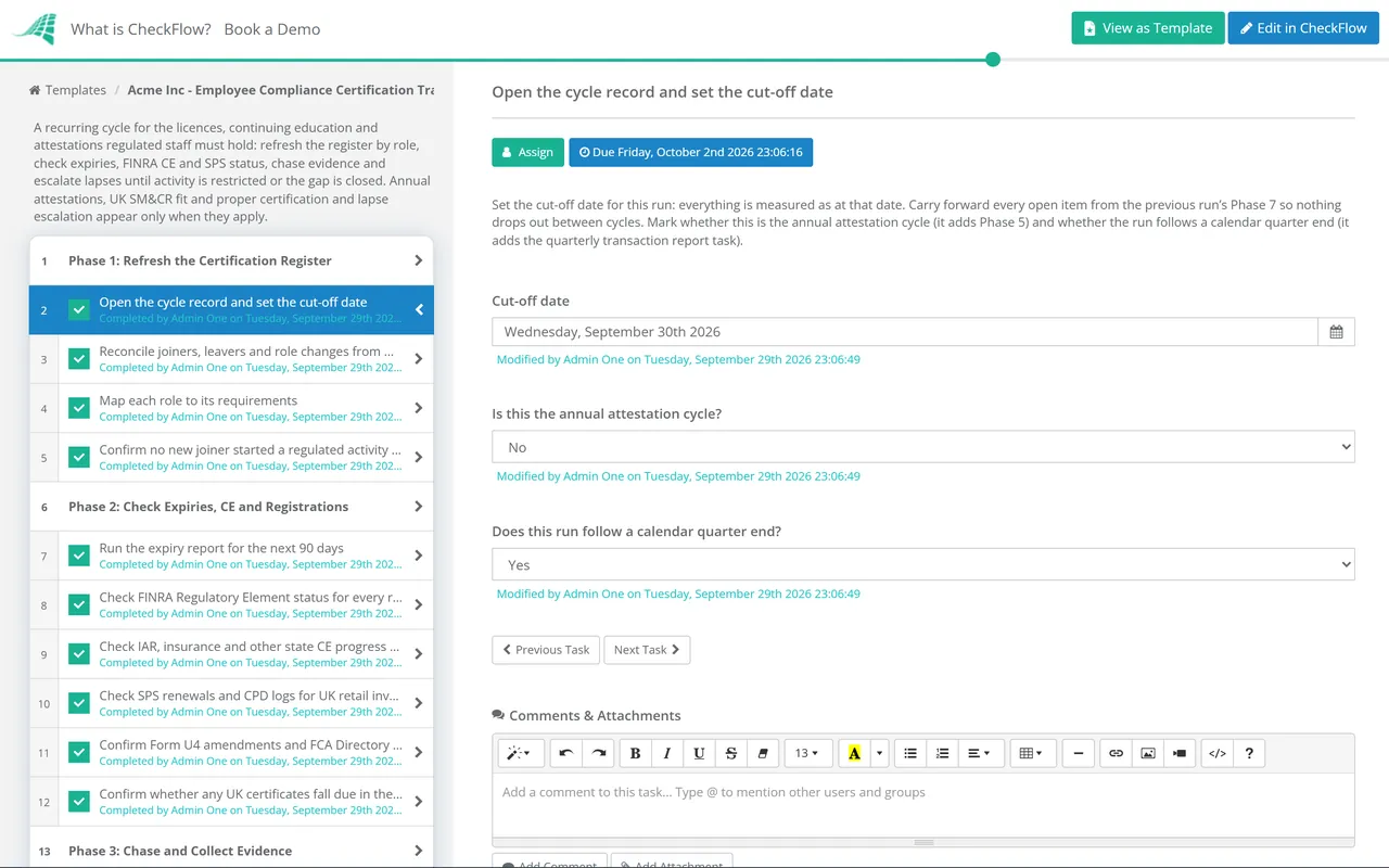 Live demo of the Employee Compliance Certification Tracking Checklist in CheckFlow
