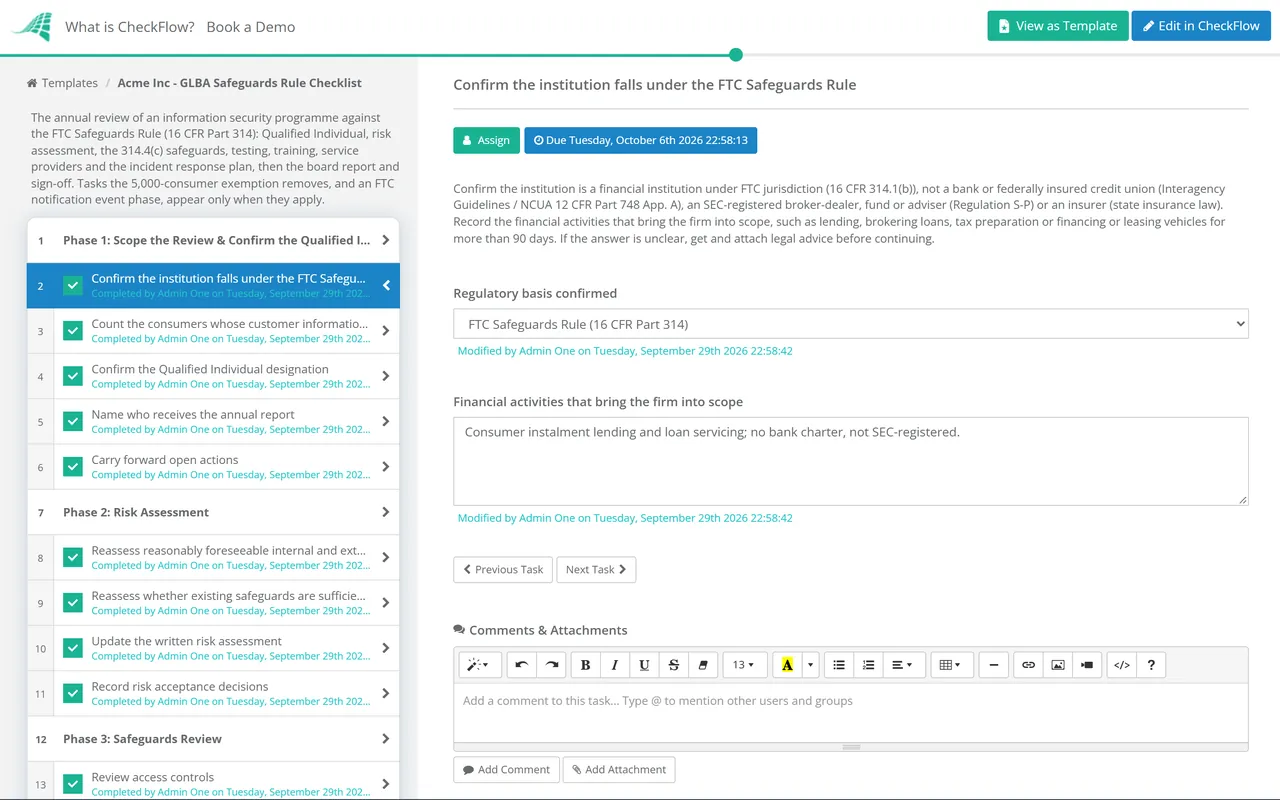 Live demo of the GLBA Safeguards Rule Checklist in CheckFlow