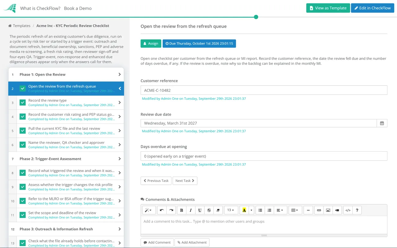 Live demo of the KYC Periodic Review Checklist in CheckFlow