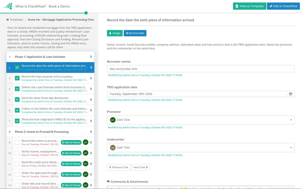 Live demo of the Mortgage Application Processing Checklist in CheckFlow