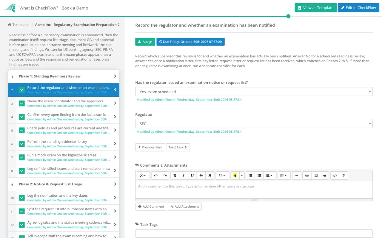 Live demo of the Regulatory Examination Preparation Checklist in CheckFlow