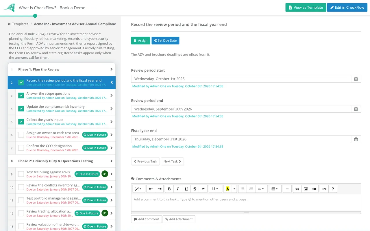 Live demo of the Investment Adviser Annual Compliance Review Checklist in CheckFlow
