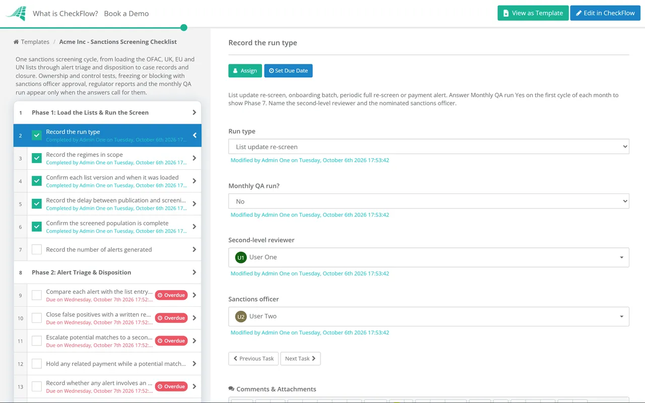 Live demo of the Sanctions Screening Checklist in CheckFlow