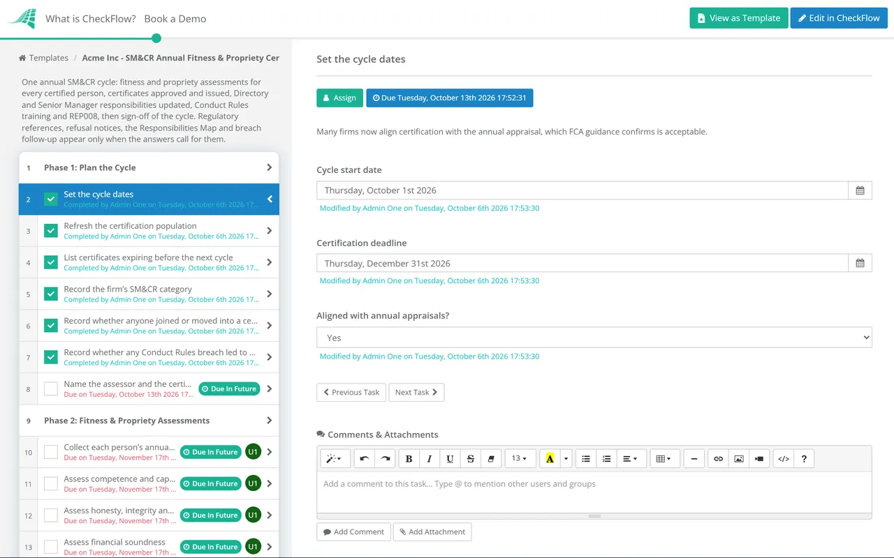 Live demo of the SM&CR Annual Fitness & Propriety Certification Checklist in CheckFlow