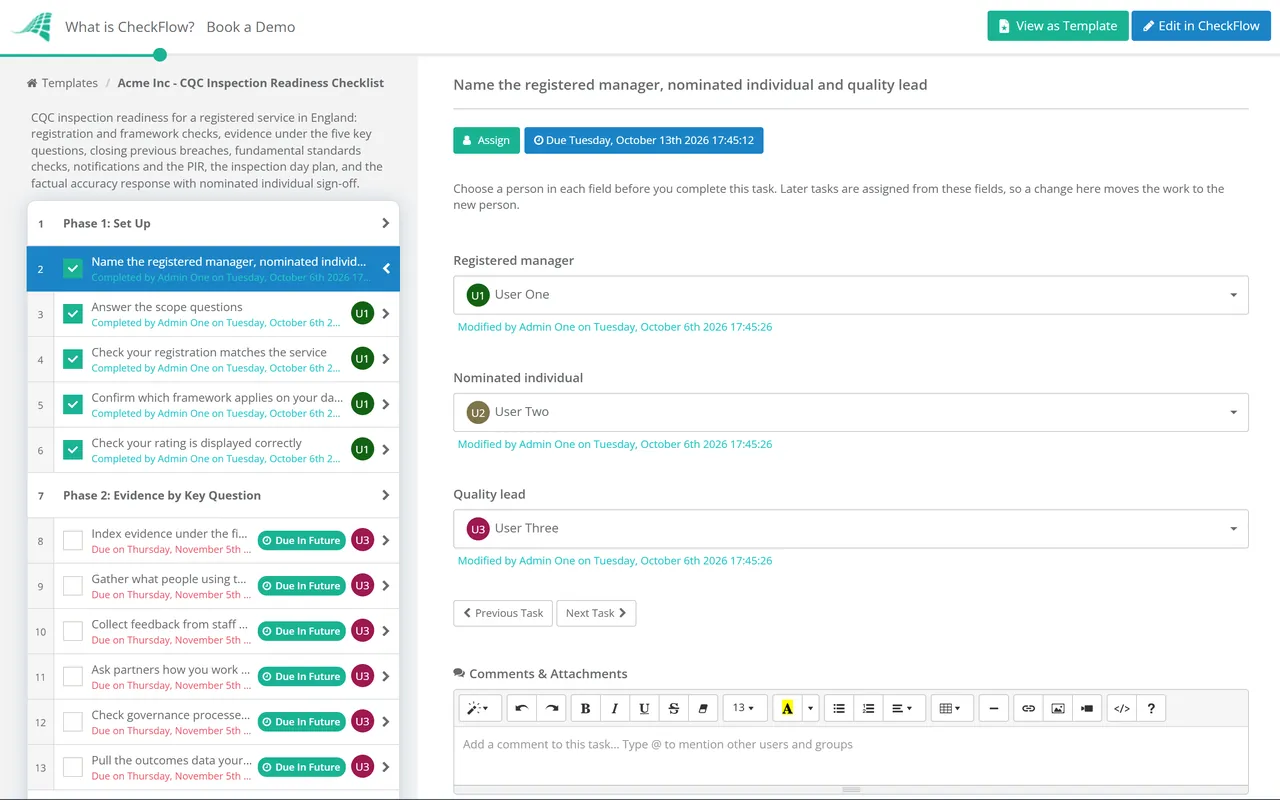 Live demo of the CQC Inspection Readiness Checklist Template (England) in CheckFlow
