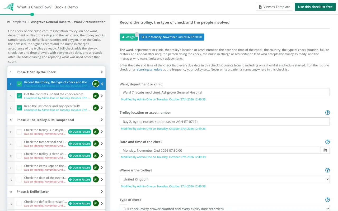 Live demo of the Crash Cart Checklist in CheckFlow