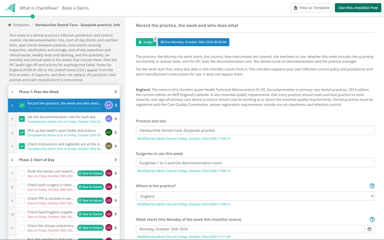 Live demo of the Dental Practice Infection Control Checklist in CheckFlow