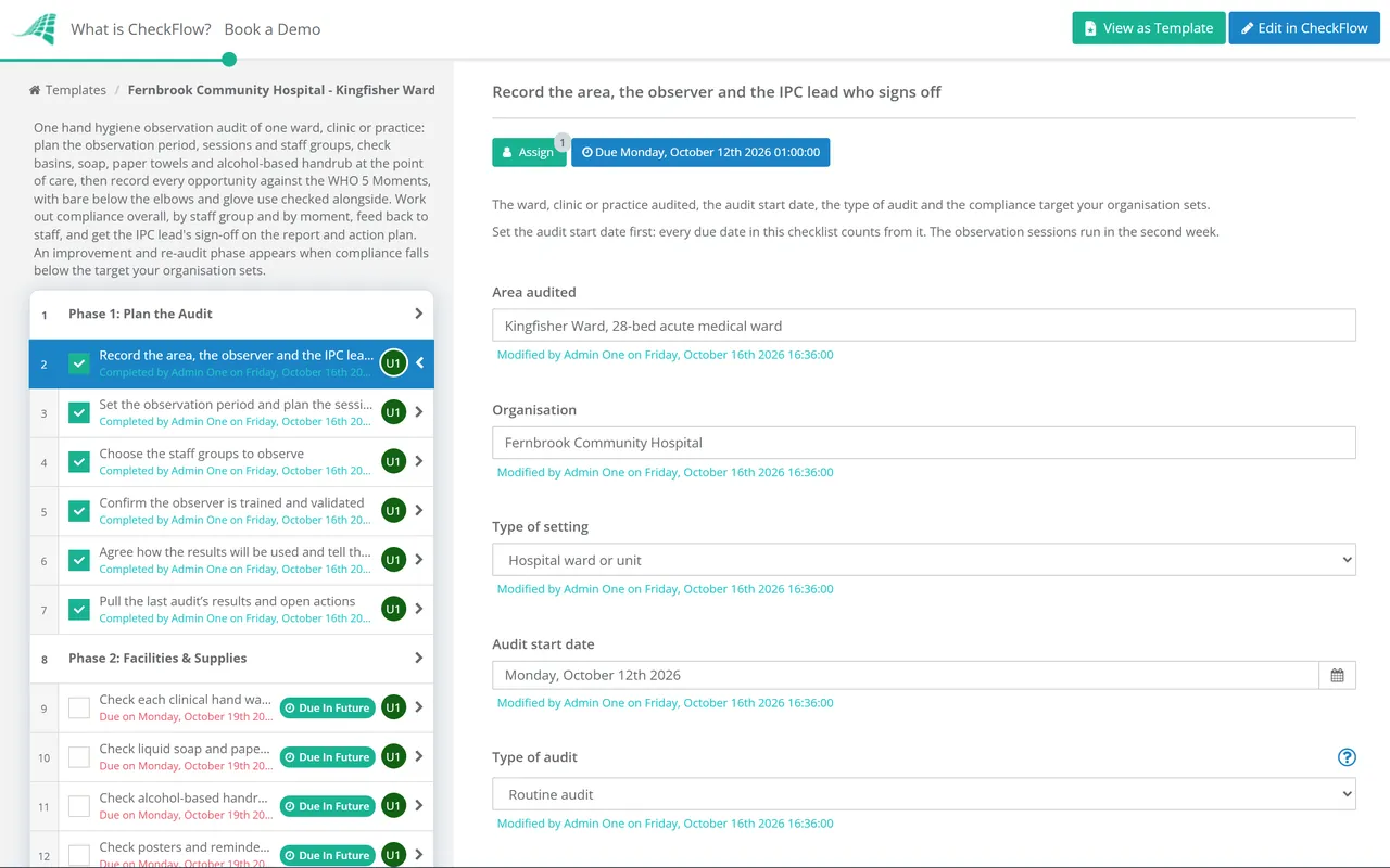 Live demo of the Hand Hygiene Audit Checklist in CheckFlow