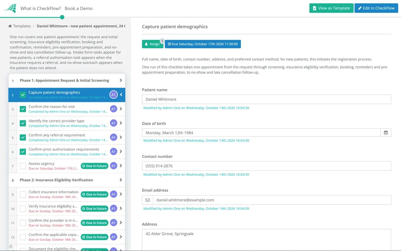 Live demo of the Healthcare Appointment Scheduling Workflow Checklist in CheckFlow