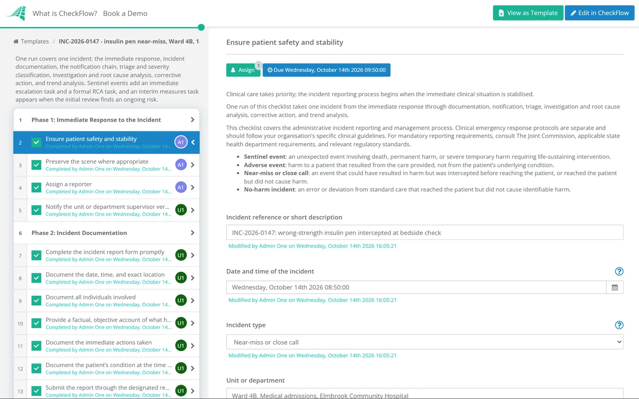 Live demo of the Healthcare Incident Reporting Process Checklist in CheckFlow