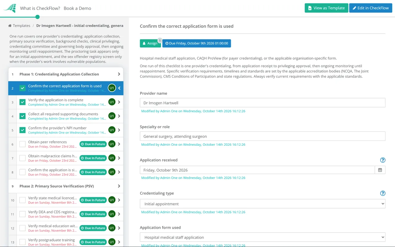 Live demo of the Healthcare & Medical Staff Credentialing Checklist in CheckFlow
