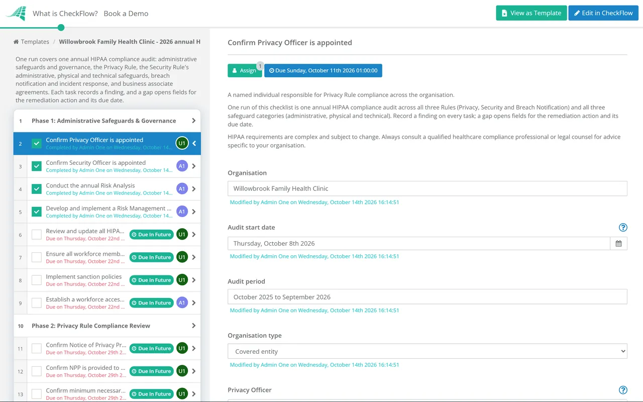 Live demo of the HIPAA Compliance Audit Checklist for Healthcare & Medical Organisations in CheckFlow