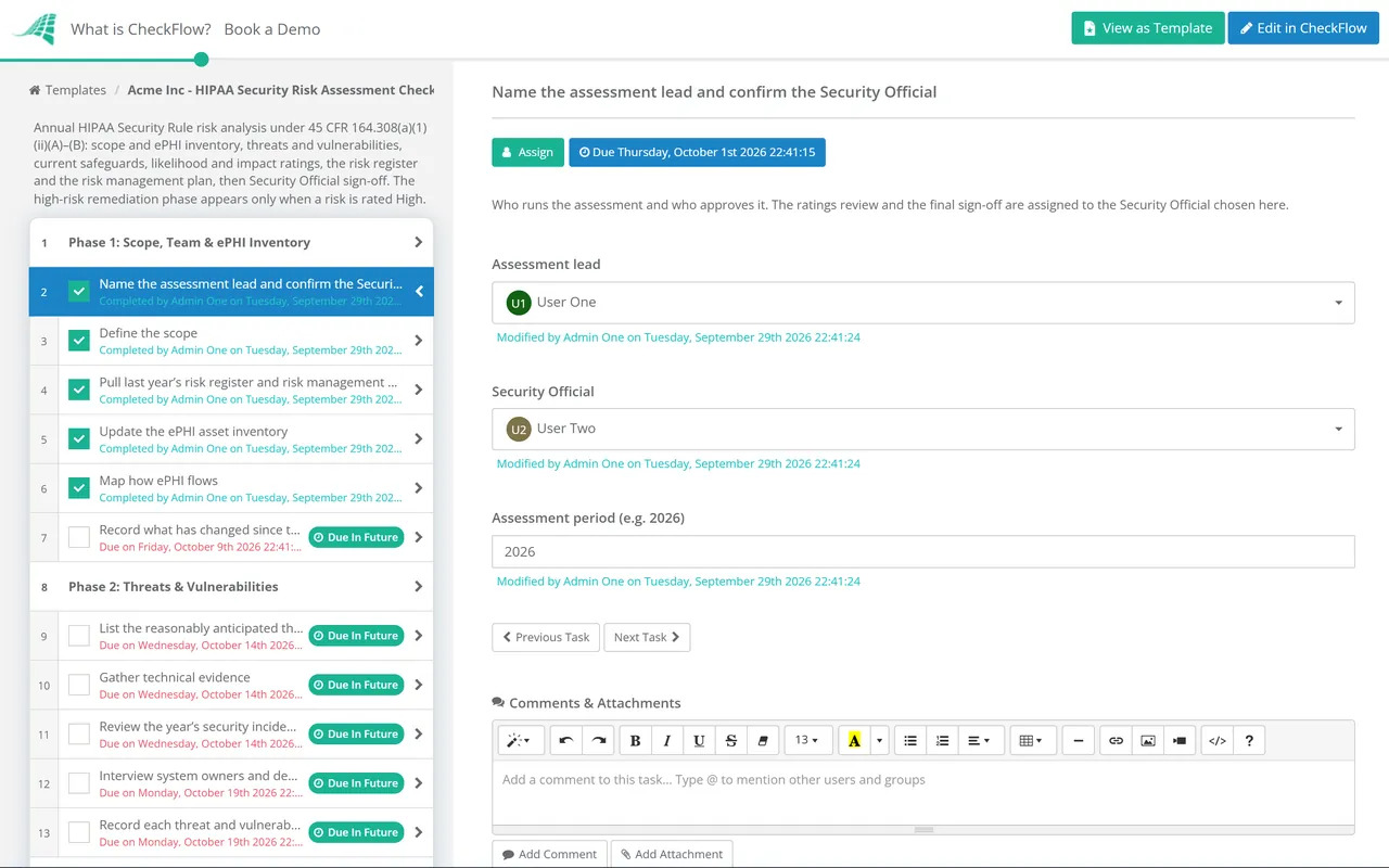 Live demo of the HIPAA Security Risk Assessment Checklist in CheckFlow