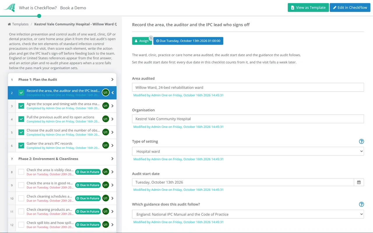 Live demo of the Infection Control Audit Checklist in CheckFlow