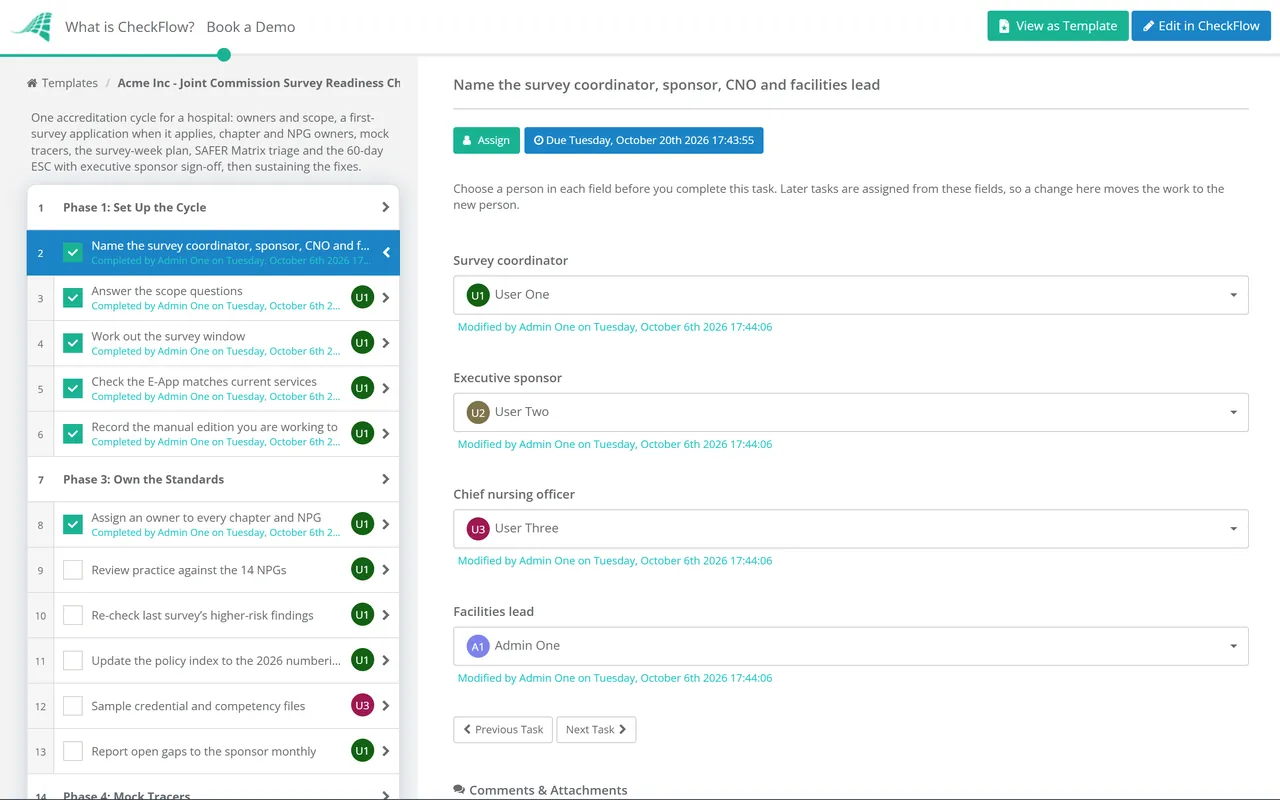 Live demo of the Joint Commission Survey Readiness Checklist in CheckFlow