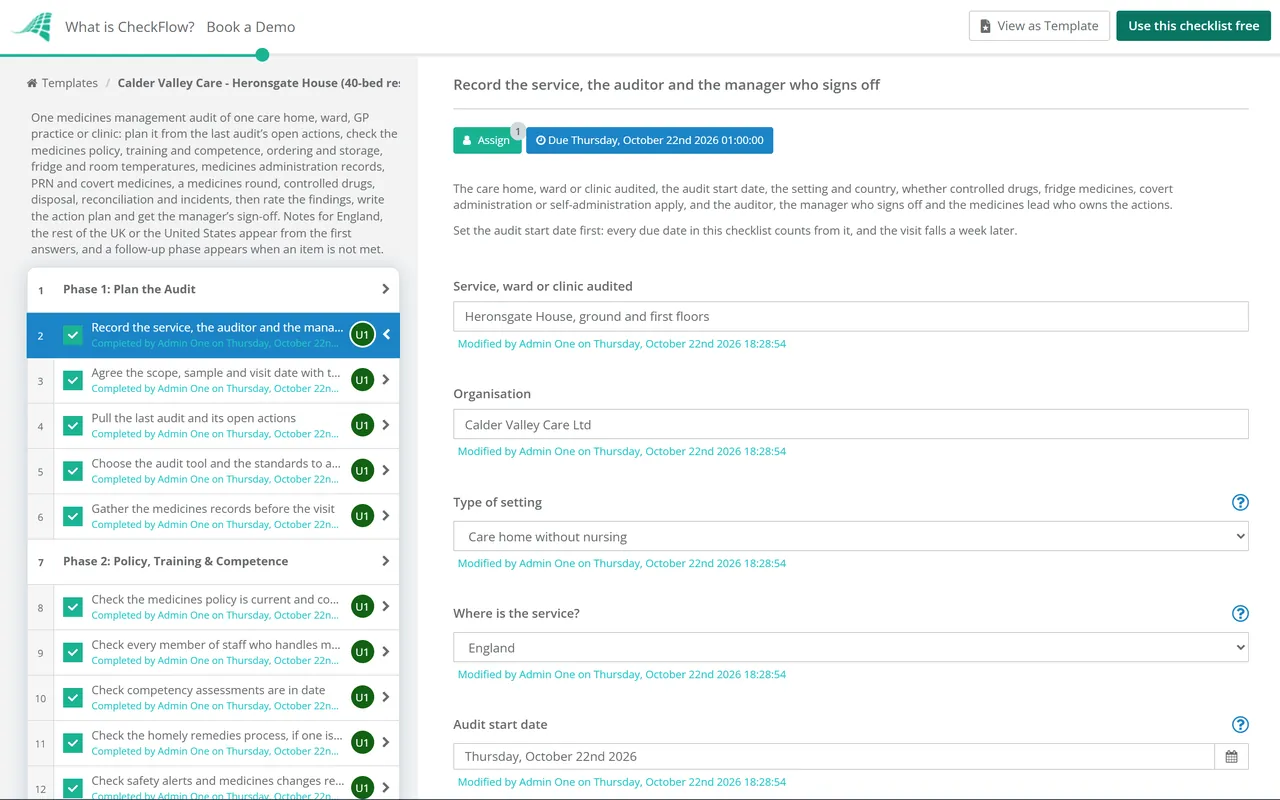 Live demo of the Medication Management Audit Checklist in CheckFlow