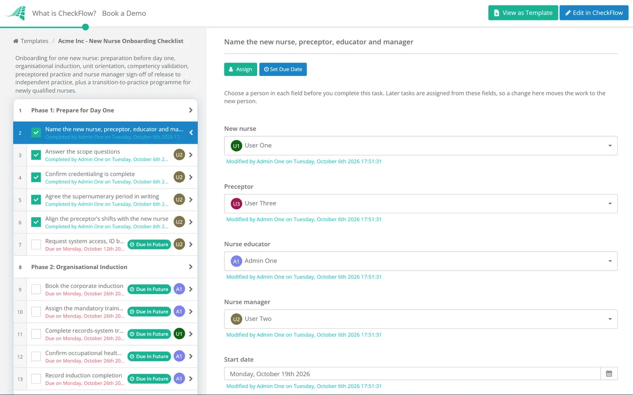 Live demo of the New Nurse Onboarding Checklist in CheckFlow