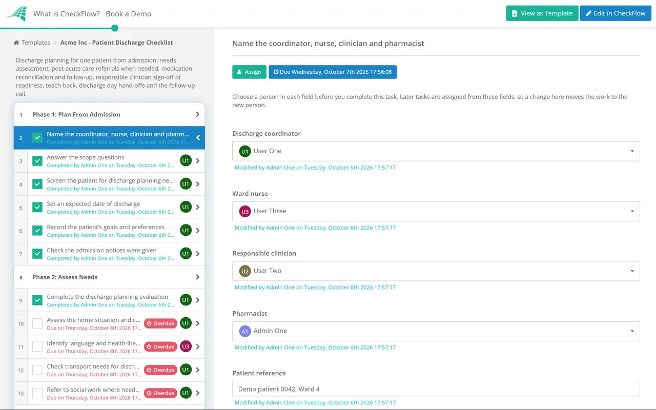 Live demo of the Patient Discharge Checklist in CheckFlow