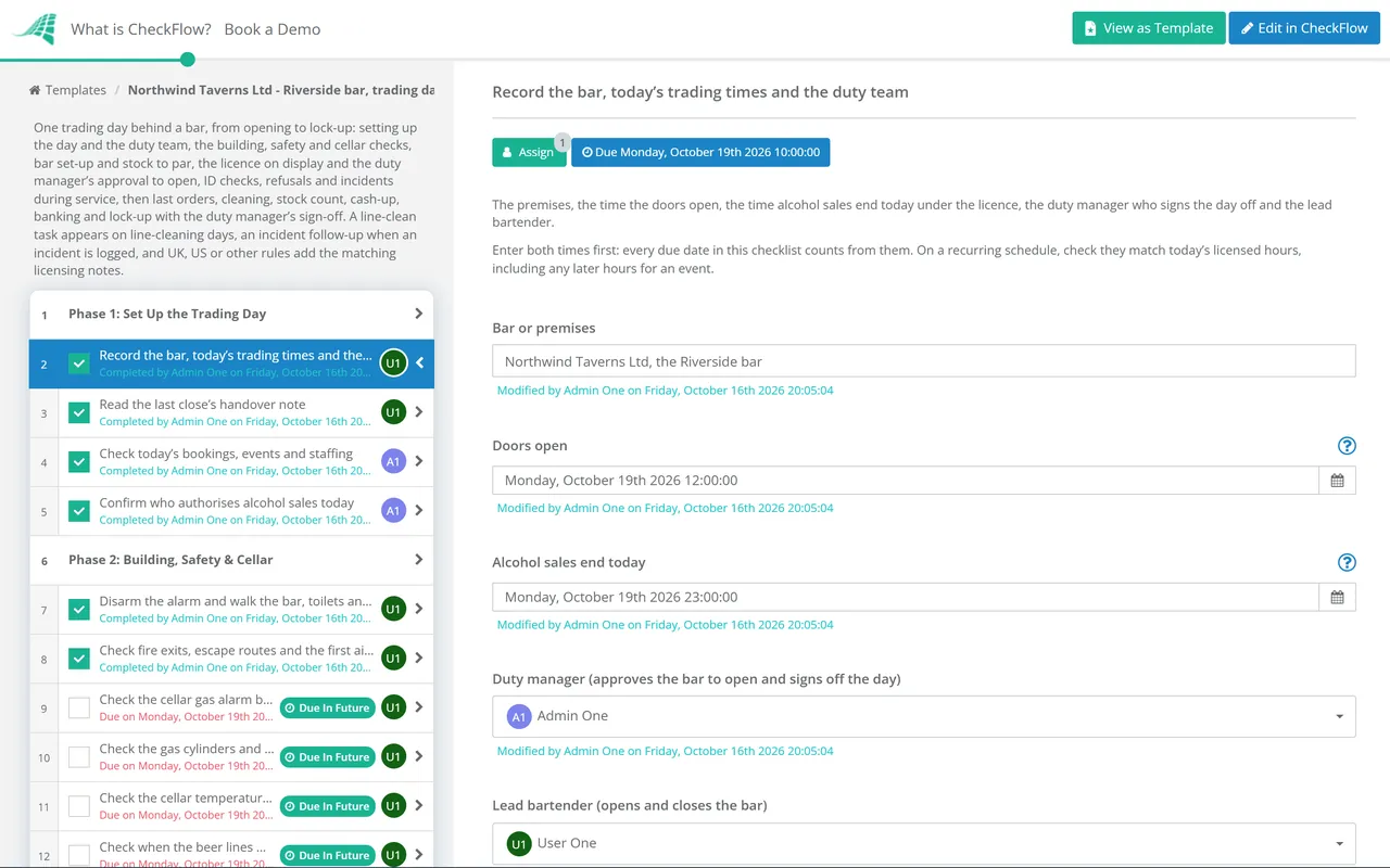 Live demo of the Bar Opening & Closing Checklist in CheckFlow