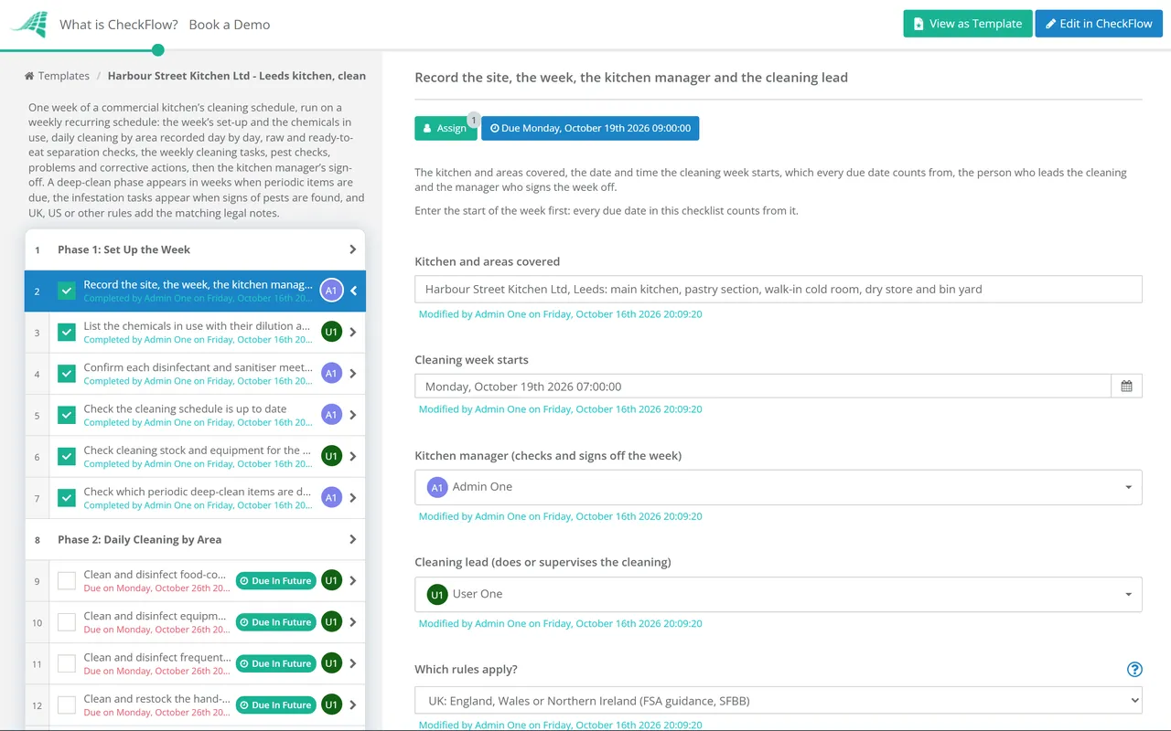 Live demo of the Commercial Kitchen Cleaning Checklist in CheckFlow