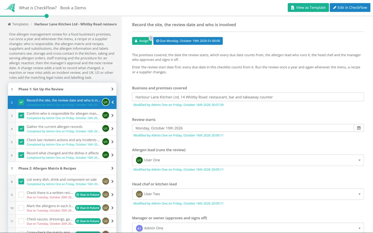 Live demo of the Food Allergen Management Checklist in CheckFlow