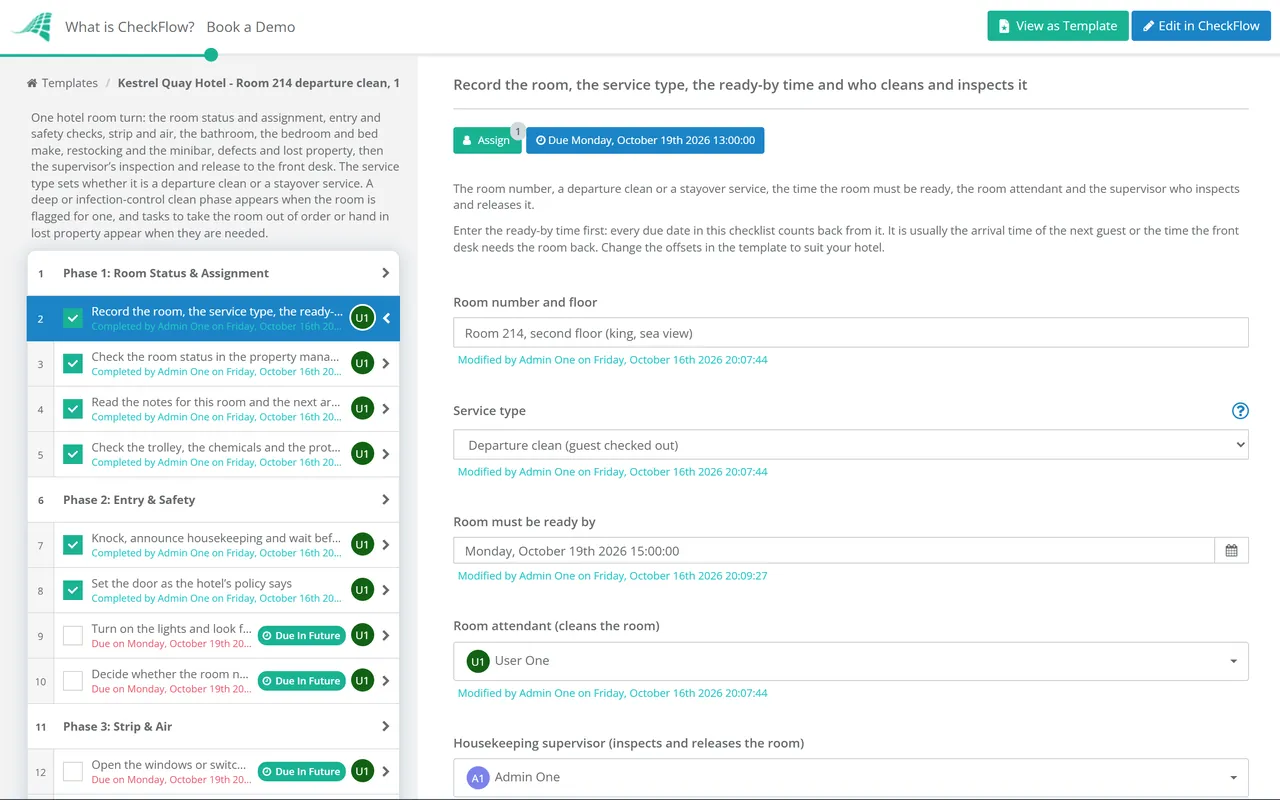 Live demo of the Hotel Housekeeping Room Checklist in CheckFlow