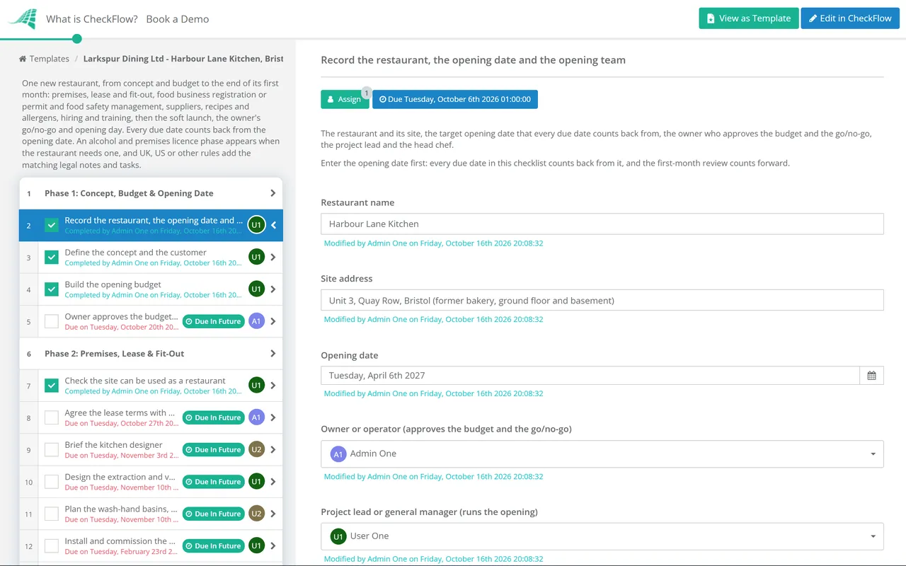 Live demo of the New Restaurant Opening Checklist in CheckFlow