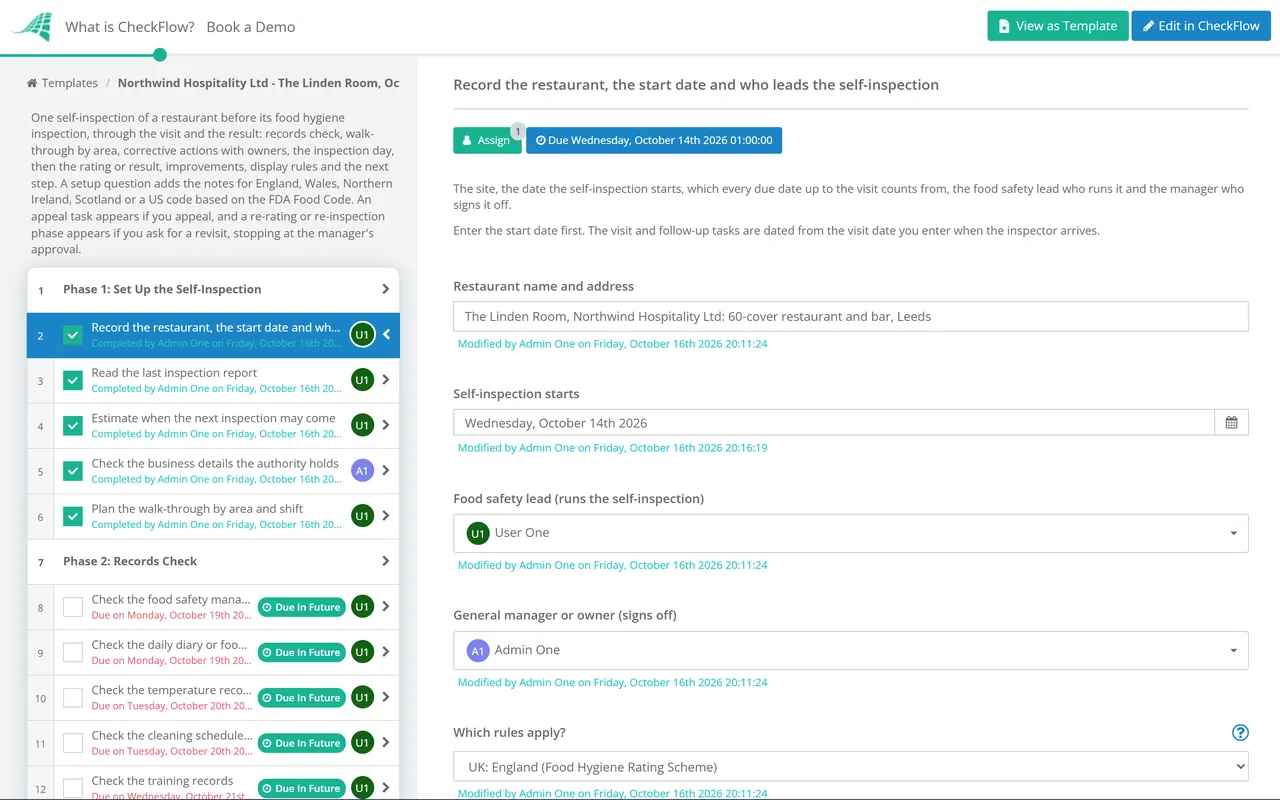 Live demo of the Restaurant Health Inspection Checklist in CheckFlow