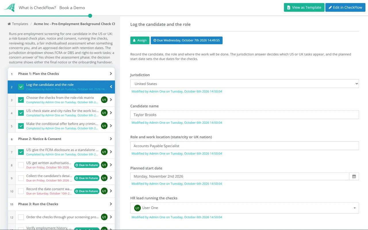 Live demo of the Pre-Employment Background Check Checklist in CheckFlow