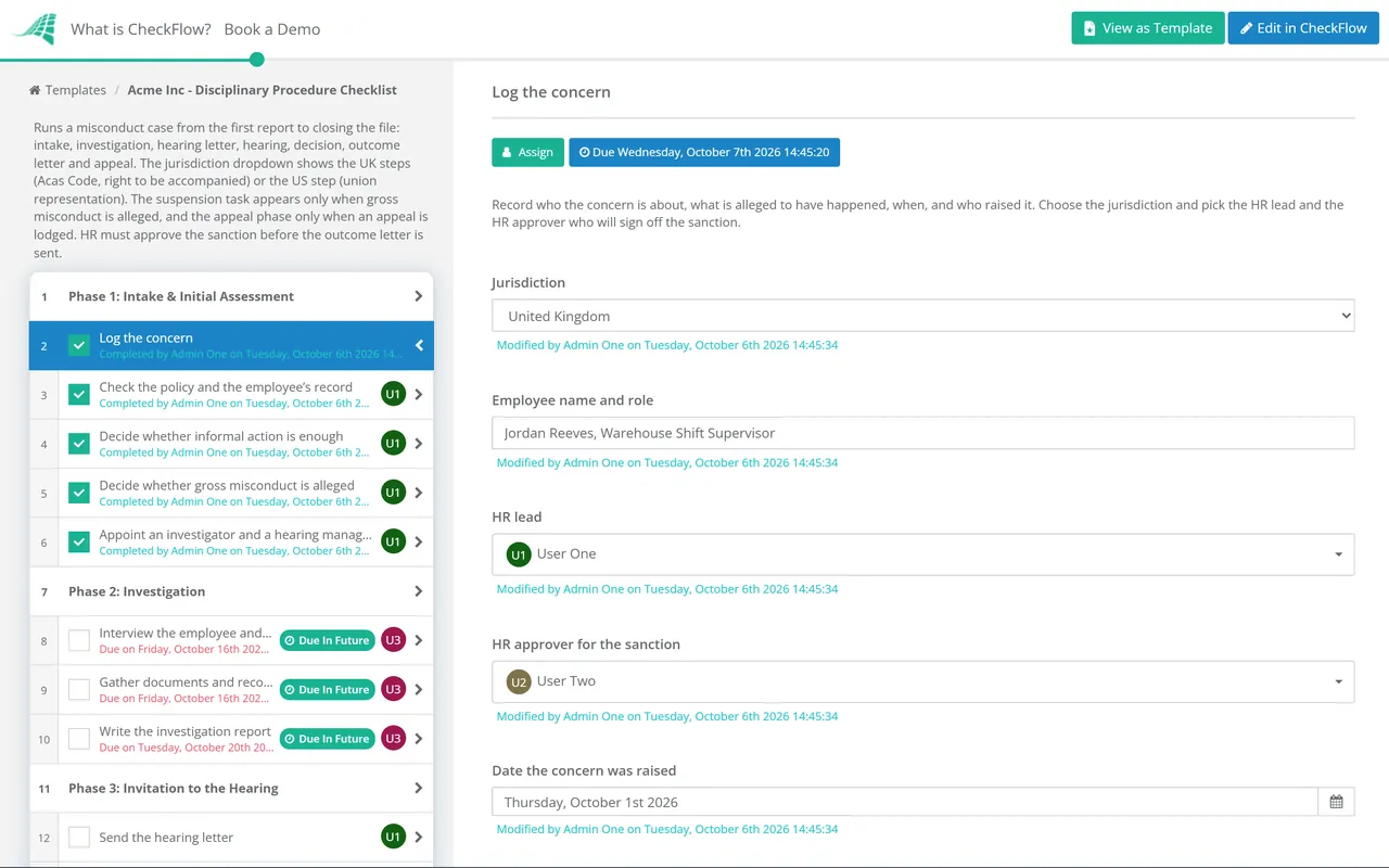 Live demo of the Disciplinary Procedure Checklist in CheckFlow