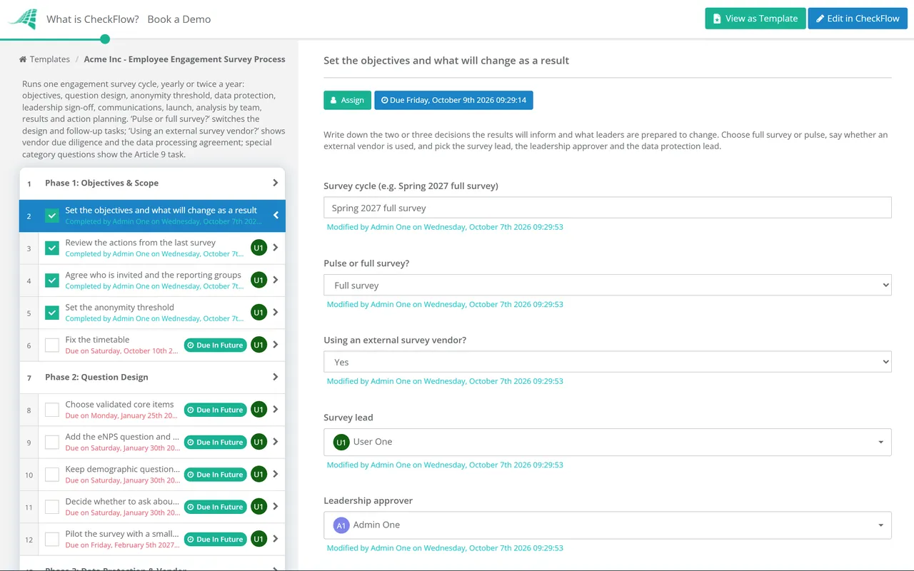 Live demo of the Employee Engagement Survey Process Checklist in CheckFlow