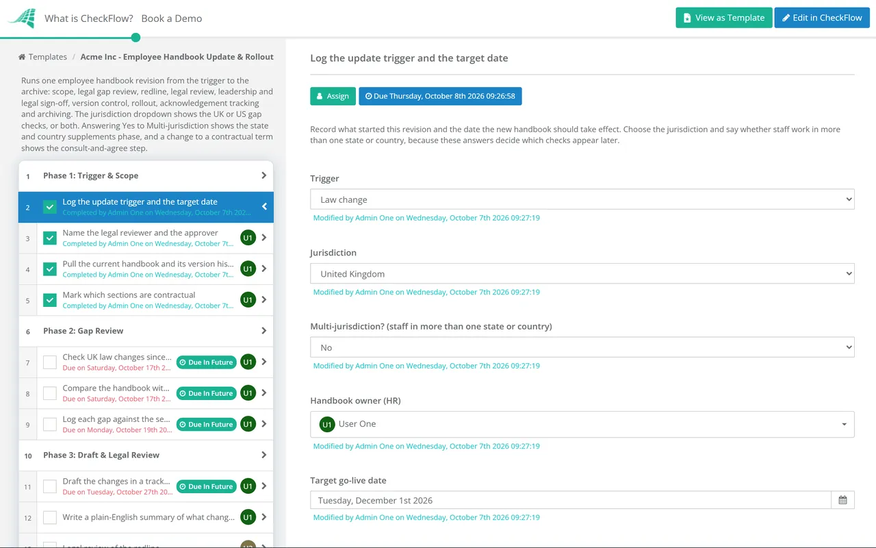 Live demo of the Employee Handbook Update & Rollout Checklist in CheckFlow