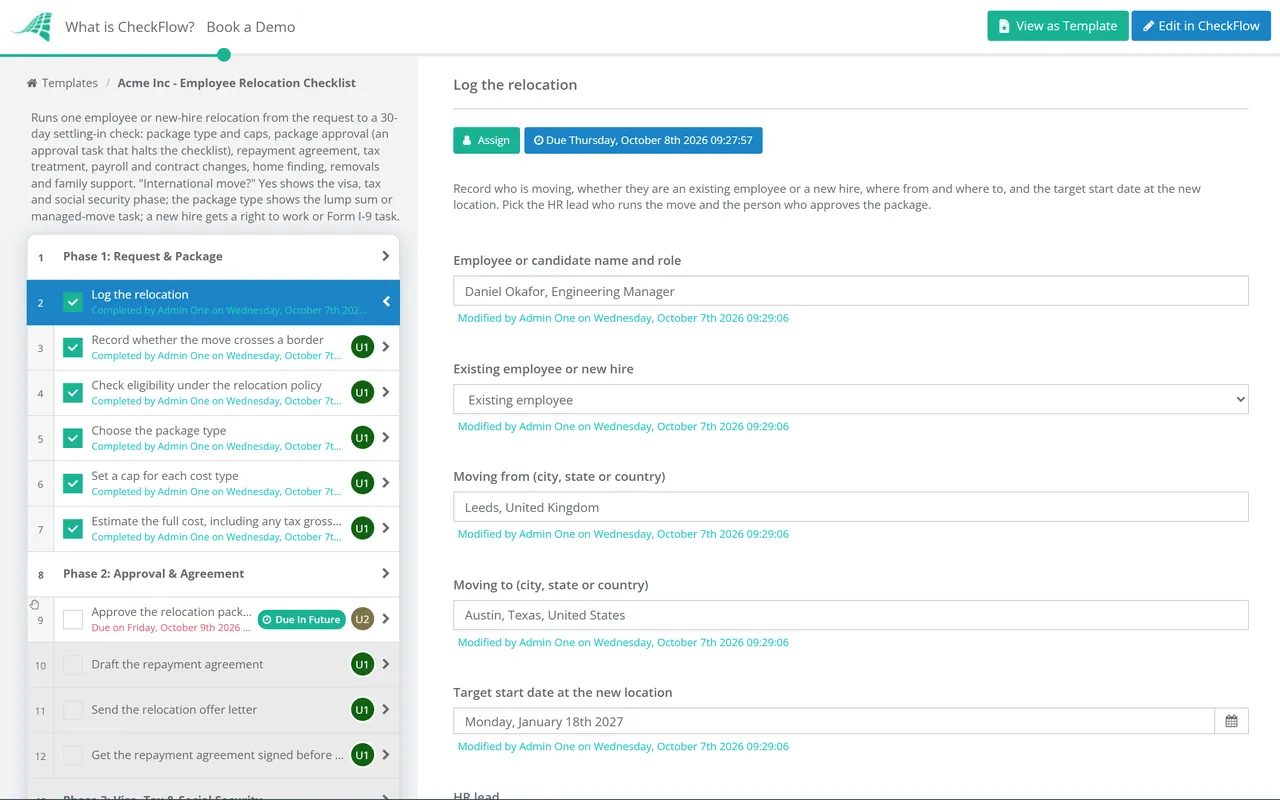 Live demo of the Employee Relocation Checklist in CheckFlow