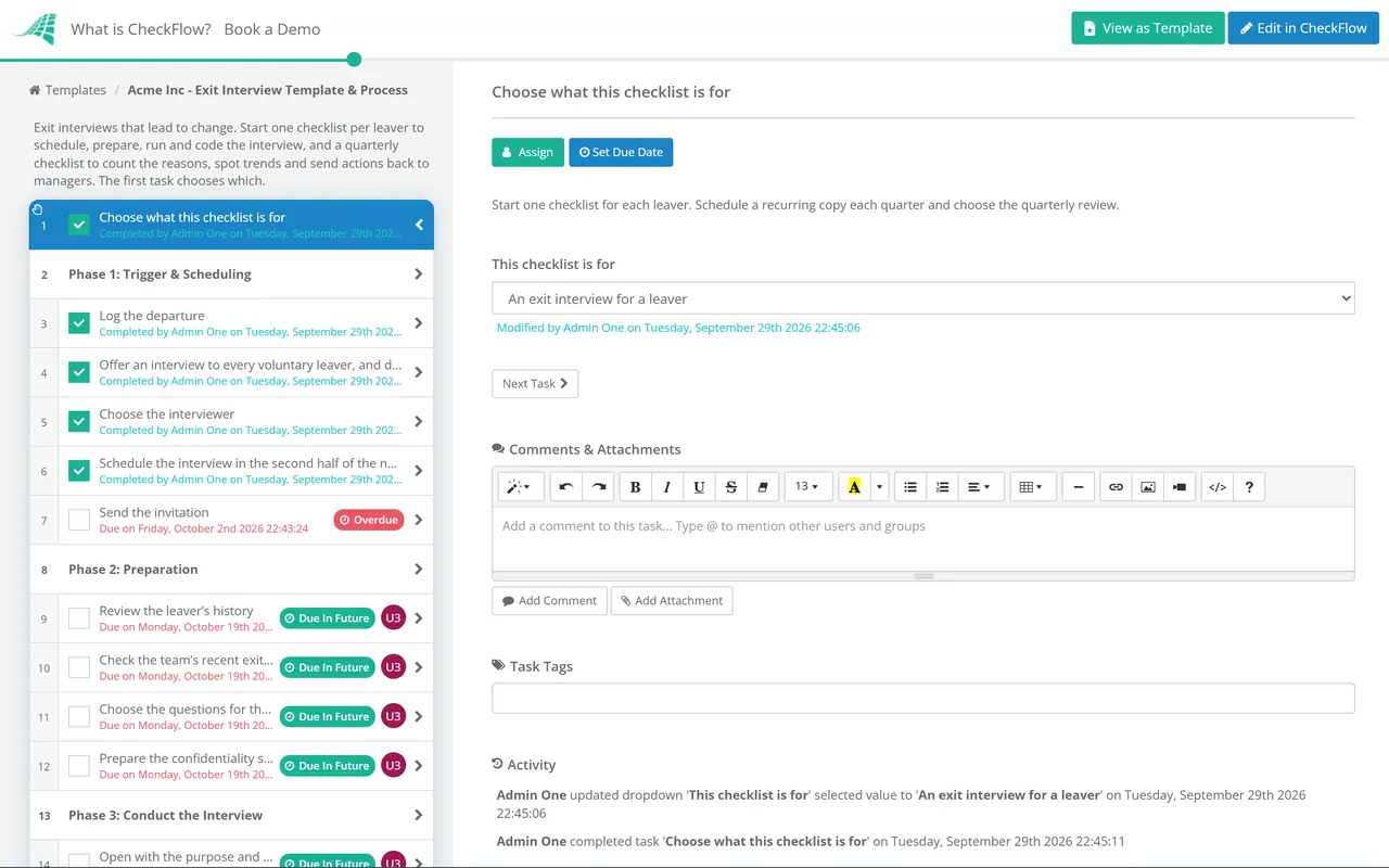 Live demo of the Exit Interview Template & Process in CheckFlow