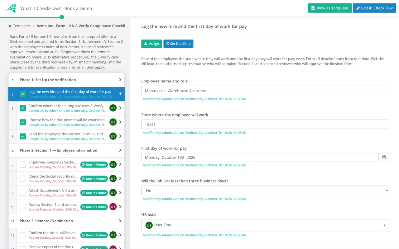 Live demo of the Form I-9 & E-Verify Compliance Checklist in CheckFlow