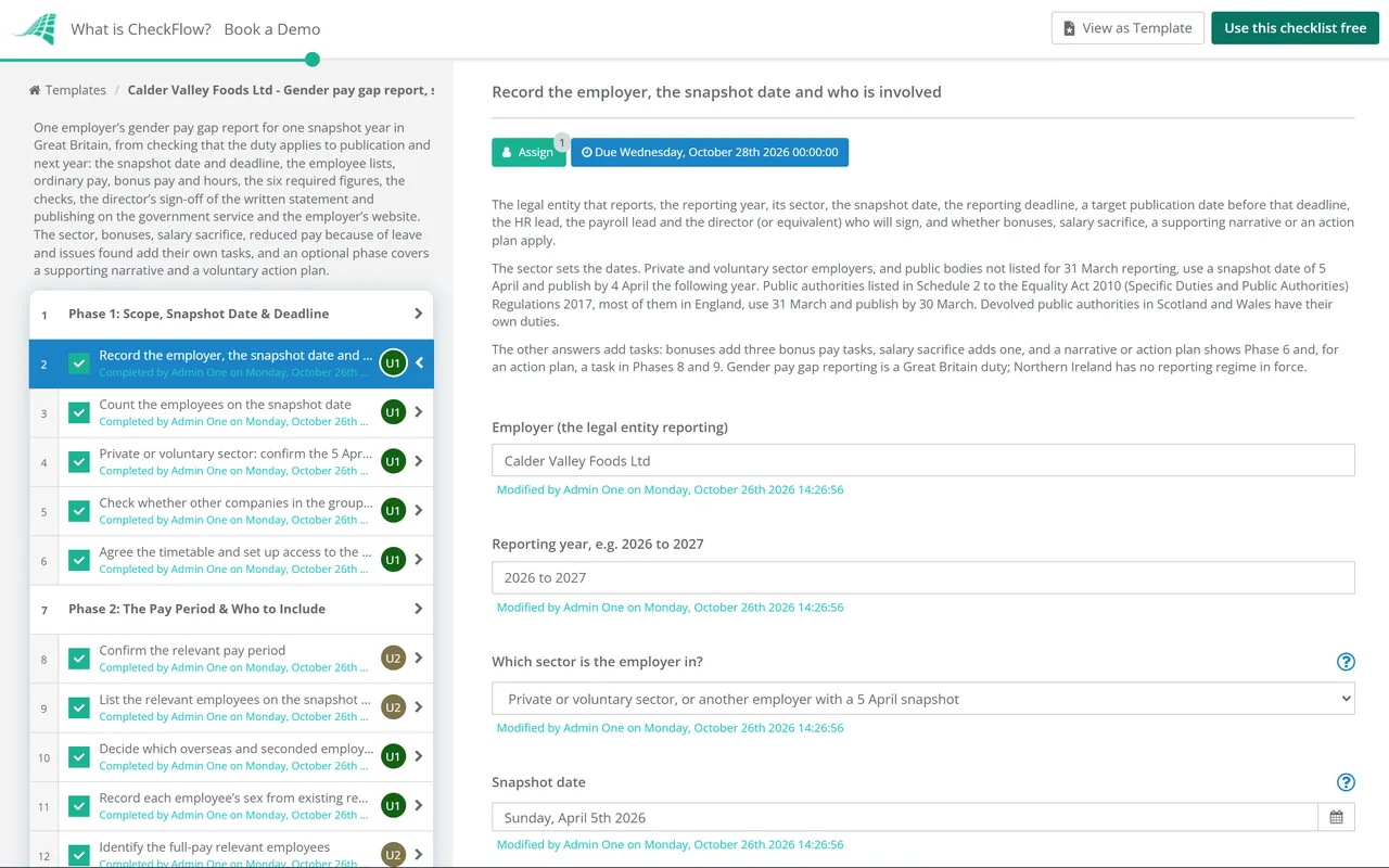 Live demo of the Gender Pay Gap Reporting Checklist in CheckFlow