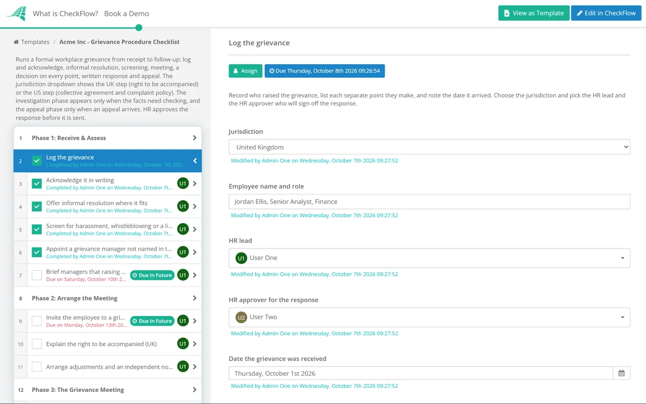 Live demo of the Grievance Procedure Checklist in CheckFlow