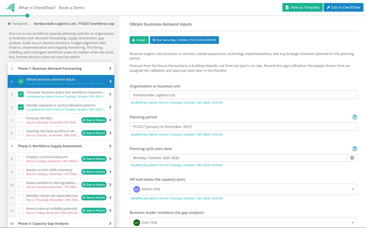 Live demo of the HR Capacity Management Process Checklist in CheckFlow
